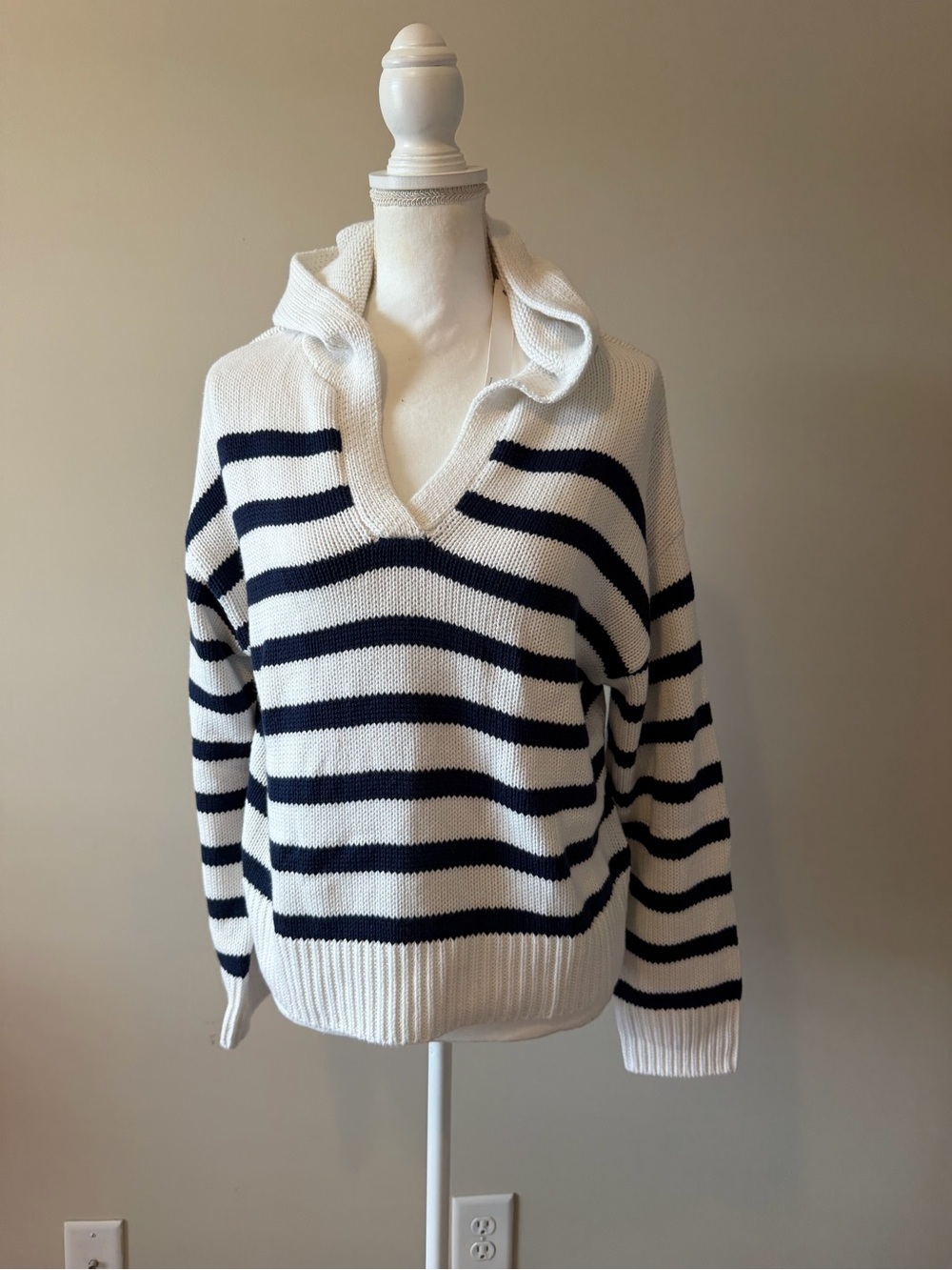 One Grey Day Hooded striped knit pullover Sweater XS Oversized Coastal Luxury - Picture 4 of 8
